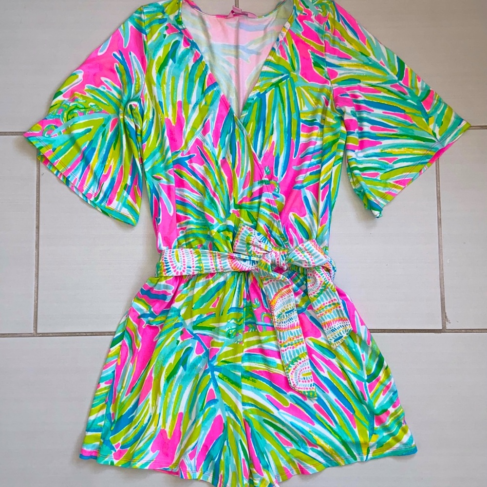 Lilly Pulitzer Madilyn Romper in Tiki Pink Royal Lime